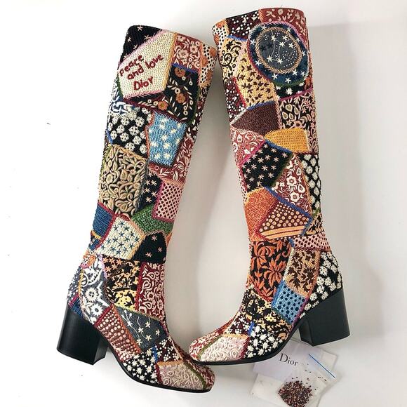 Dior Shoes - NEW Dior Diorage Patchwork Embroidered Beaded Peace and Love Tall Boots 36.5